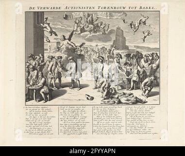Confused promoters and the tower of Babel, 1720; The confused promoters tower building to Babel; The great scene of foolishness. Cartoon on the promotionists and the tower of Babel. John Law has left stocks from writing while wind dealers are doing well by the English baked jaws. The traders get through these cakes to diarrhea, the worthless shares use them to wipe their backs. In the show many other details with Fortuna, the Dutch virgin, hope etc. in the caption a verse in 4 columns in which the figures from the show are explained. Print 31 in the series The great scene of foolishness with c Stock Photo