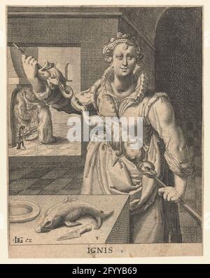 Fire; Ignis; The four elements. A standing soldier with saber in ...