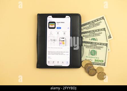 Kharkov, Ukraine - May 28, 2021: Apple Wallet app background photo Stock Photo