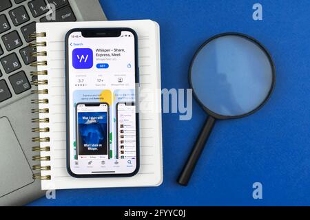 Kharkov, Ukraine - May 28, 2021: Whisper application on the screen of the mobile phone Stock Photo