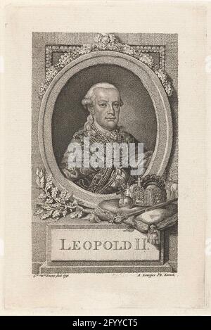 Portrait of Leopold II. Portrait of Leopold II, Archduke of Austria, Grand Duke of Tuscany, Frost of the Southern Netherlands, King of Bohemia and Emperor of the Holy Roman Empire. Shown in oval frame with ornament of oak leaf. A crown, scepter and rich apple on the console. Stock Photo