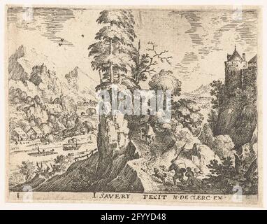 Landscape with travelers on steep rock; Six landscapes with travelers. Two travelers walk into a mountainous landscape (a man with a basket on his back and a boy) with a dog a steep path on, behind two riders. On the left a river, right the tower of a castle. This print is part of a series of six landscapes with travelers. Stock Photo