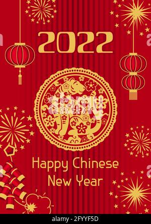 Happy Chinese New Year greeting card. Background with tiger symbol of 2022. Stock Vector