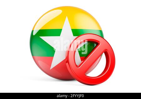 Forbidden symbol with Myanmar flag. Prohibition in Myanmar concept, 3D rendering isolated on white background Stock Photo