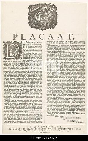 Placard of the states of Holland and West Friesland on the legislation regarding Sodomy, 1730; Amsterdam Songing. Placental of the States of Holland and West Friesland on the Legislation on Sodomy, 1730. Text in two columns. Stock Photo
