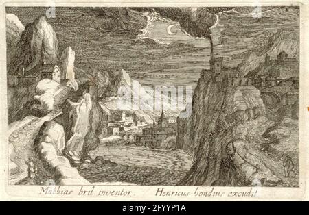 River landscape at moonlight; Different landscapes; Topographia Vararum Regionum. Landscape at moonlight with a river in the middle. The sickle-shaped moon shines above a city on the river. Stock Photo
