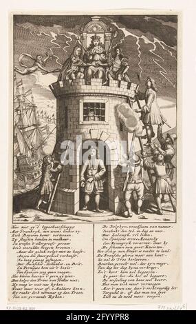 The Parties are fighting Castile, 1706; Royal Almanach from 1701 / 't Lusthof from MoMus. Cartoon on the Parties fighting to Castile, 1706. On top of a castle are the Keurvorst of Bavaria and Louis XIV. Others try to climb on the tower. In the caption a verse in Dutch in two columns. Part of a series of 19 cartoons on the French and allies from the year 1706. Stock Photo