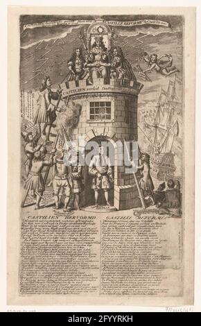 The Parties are fighting Castile, 1706; Castilien Reformed / Castille Reformée; Royal Almanach from 1706 / 't Lusthof by MoMus. Cartoon on the parties fighting to Castile, 1706. On top of a castle sitting Charles III, the Keurvorst of Bavaria and Louis XIV. Others try to climb on the tower. In the plate verses in Dutch and French. Cartoon on the situation in the year 1706 in the Spanish Succession War. Part of a series of cartrents on the French and allies from the year 1706. Stock Photo