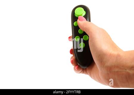 teenage hand holds a modified joystick in the hand without inscriptions from the game console in hand. isolated, side view. Stock Photo