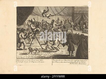 Circus with monkeys, ca. 1720; Monkey game. Circus show with monkeys that make cord dancing and music. Verses in French and Dutch in the caption. Print No. 4 in a series of 16 prints of approx. 1720 in which monkeys like people figurine in all kinds of household scenes. Stock Photo