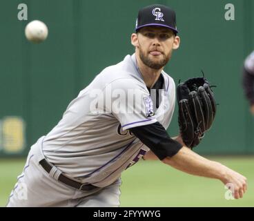 Colorado Rockies pitcher Daniel Bard throws in the ninth inning of the Rookie 4-3 win against the Pittsburgh Pirates at PNC Park on  Sunday, May 30, 2021 in Pittsburgh.  Colorado Rockies went on to win 4-3 .Photo by Archie Carpenter/UPI Stock Photo