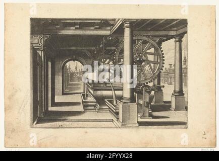 Well under colonnade; Water wells. Under a colonnade a water system with colossal gears, a wooden barrel that pours the water into a rectangular basin. View of a large city square. No 14 from series of 24 small wells Stock Photo