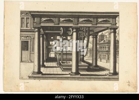 Well under colonnade with tuscan columns; Water wells. Under a colonnade with Tuscan columns a rectangular well. Right view of a city square. No 15 out of series of 24 small wells Stock Photo