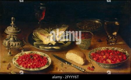 Still Life. Still life with dishes and heads of Chinese porcelain in which strawberries, cherries and mulberries. On a pewter plate there is a sliced ​​artichoke, a knife, a piece of bread, two glasses and a silver sugar bowl. Furthermore, a fly and a butterfly. Stock Photo