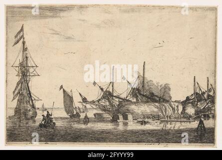 Waterproof making of the bodies of two ships; Thirteen scenes with ships. Two large sailing ships passed through coasters, men standing on a raft around the ships working on the waterproofing of the hulls. Totally left a flute, a merchant ship. Stock Photo