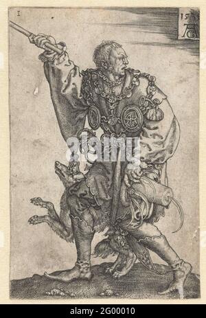 Master of ceremonies with a dog; Large couples dancing wedding guests. Master of ceremonies from a wedding, walking to the left, turned his head to the right. In his left hand a hat, and with his right hand he holds a staff. Behind him a dog jumping up. First print from a series of twelve prints, free to the work of Hans Schäufelein. Stock Photo