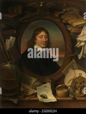 Gerard Pietersz Hulft (1621-56), First Council and Director-General of the Dutch East India Company. Portrait of Gerard Pietersz Hulft, First Council and Director General of the VOC. Oval portrait between a still life of books, paper axes, compass, passer, measuring instruments for the nautical, ink set, hourglass, drawing of a caterpillar and butterfly, globe, a sword or dagger. At the top of two angels holding an anchor with a white pigeon above it. Stock Photo