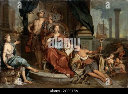 Apotheosis of the Dutch East India Company (Allegory of the Amsterdam Chamber of Commerce of the VOC). Allegorical performance with the female personification of the Amsterdam Chamber of the United States Indian Compagnie seated on a throne. On the head, she carries a ships crown, a sword with laurel wreath in the right hand, in the left-hand books and documents. Behind the Mercury Throne, left a seated woman with a dog and a key, on the right a female personification with a stir in the hands. On the right two putti, Neptune and a galei at two columns. Manufactured to a medal from 1702 beaten Stock Photo