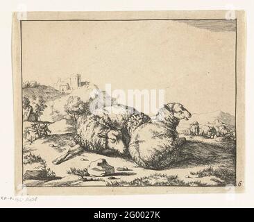 Two lying sheep, mountain village in background; Sheep. Stock Photo