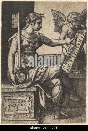 Grammar; Acitammarg; Seven liberal arts. Sitting woman as a personification of grammar, she indicates with her fingers letters on a tablet with an alphabet being held by a putto. With her other hand she holds a big key. Stock Photo