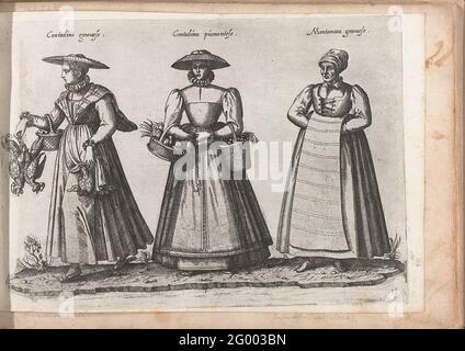 Three women in Rural Clothing of Italy, approx. 1580; Contadina Genovese / Contadina Piamontese / Mantanara Genovese. On the left a farmer's woman with flat hat on, walking to the left, a basket with eggs on the arm, chickens and duck in hand. In the middle a farmer's woman from Irnte, seen from the front, on the right arm a basket with chicks, on the left a basket with fruit. A flat hat on the head. On the right an old woman with hands under her apron. PRENT Nr. 15 from Album 'Dei Veri Ritratti Degl'habiti di TVtte Le Parti del Mondo Intagliati in Rame per Opra di Bartolomeo Grassi', 1585. Stock Photo