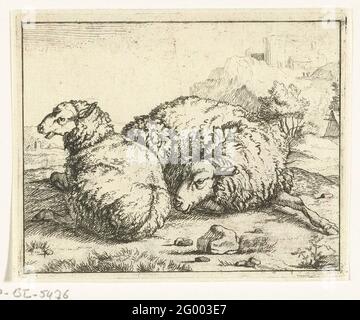 Two lying sheep, mountain village in background. Copy, in mirror image, to sixth print from the series of sheep by Marcus de Bye. Stock Photo