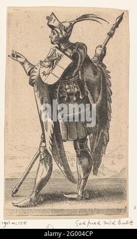 Portrait of Godfried III with the bump, duke of Neder-Lorraine; Graves and gravingen from Holland. Portrait of Godfried III with the bump, duke of Neder-Lorraine, standing to the left in a harness with a coat of arms on his shoulder and in his hand a rocket. Print from a series of 36 prints with portraits feet from graves and gravingen of Holland. Stock Photo