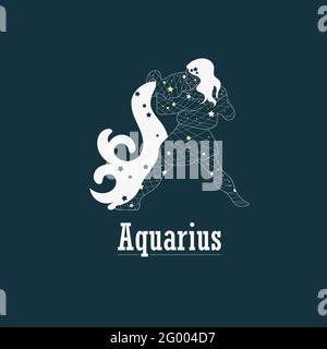 Aquarius. Zodiac sign design. Zodiac design with star grid. Abstract aquarius design. Signs with texts in Latin. Stock Vector
