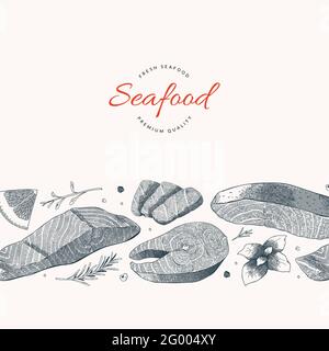 Salmon fish illustration, vector template with hand drawn art of salmon fillet and steak, culinary ongredients, bannerr or card design Stock Vector