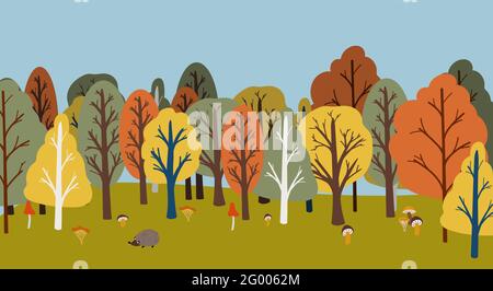 Flat hand drawn Autumn landscape. Vector woods Stock Vector
