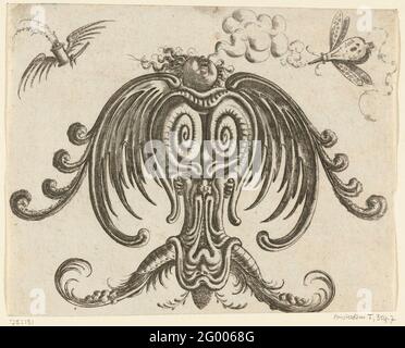 Looking up angel; Das Neuw Grottesken Buch Nürnberg 1610; Leaf of the "Neu Grotesken Buch" 1610. The body of the angel consists of two snail houses and lobes on legs of leaves. Smoke comes from one eye. Above left flies a winged oil lamp, a winged bellows at the top right. Leaf from a series of flat decorations with grotesken, cartouches, ovals, mascarons, putti and fantastic beings. The series consists of three title sheets, two text sheets with the assignment and the preface and 60 sheets, spread over three books. Stock Photo