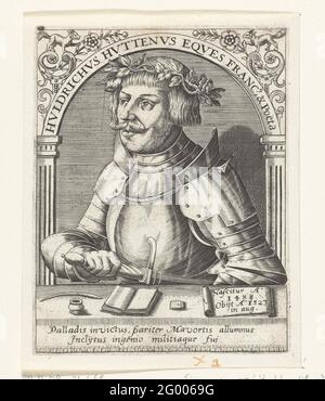 Portrait of Ulrich von cabins; Hulrichus Huttenus. Portrait of the knight Ulrich von cabins with harness and sword. On the table for him is an open book and writing utensils. Under the portrait a latin fresh. Stock Photo