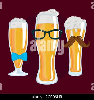 Group of beer drinking glass with mustache, glasses and bowtie Stock Vector