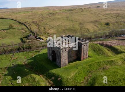 Aerial view of Hermitage castle near Newcastleton, Liddesdale, Scotland. Stock Photo