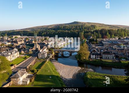 Aerial view of Langholm town centre situated at the junction of the River Esk and River Ews, Dumfries & Galloway, Scottish Borders, Scotland, UK. Stock Photo