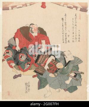 Two men under a curtain; A triptych; Sanbantsuzuki. Two men, the one kneeling with the upper top of a combat suspension (ery oroi) under his arm, the other sitting behind him, under a rolled curtain. This is an actor Nakamura Utaemon IV (1796-1852) in the role of Oniô and actor Bandô Mitsugoro III (1775-1832) as Asashina Saburô, recognizable by the great crane logos on his clothing. Scene from the play Kadorisha Soga No Toshidama, which was raised in 1824 in the Nakamura Theater in Edo. Middleblad of a triptych. With two poems. Stock Photo