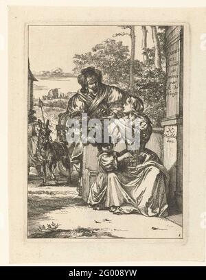 Title print of series capricci; Caprici; Capricci. A seated woman with a basket of cherries on her lap and a child growing in the basket. The woman turns to a standing woman with a bowl of cherries. A boxing trolley in the background. On the right at column the title of the series and the names of the Hooghe and Visscher. Stock Photo