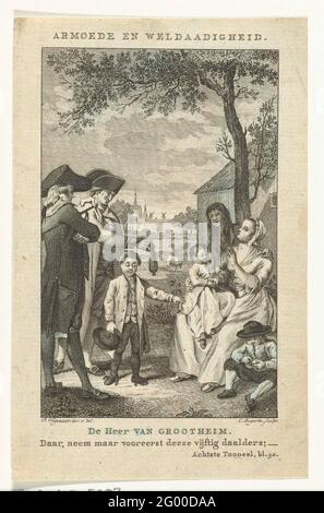 Mr Van Grootheim gives money to the poor; Poverty and beneficiency .. A mother with three children is in front of her house. Two rich men with a boy come by and give the woman money. Illustration for the eighth scene of a play. Stock Photo