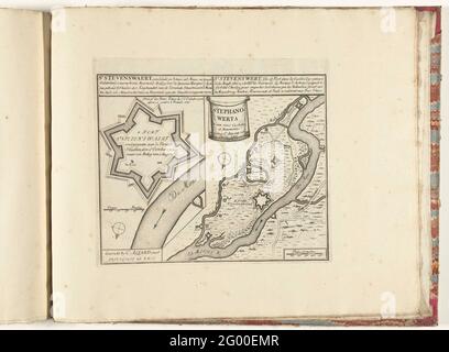 Floor plan of the Fort van Stevensweert, ca. 1701-1713; St Stevenswaert, an island and Schans Ind Maas, in Spanish Gelderland, 2 uuren above Roermond (...); Les Principales Forterses & Villes Fortes, D'Espagne, De France, D'Italie, The Savoia, D'Allemagne & des Païs-Bas (...) / Sittingurial images of the main strong cities and fortresses in Spanjen, Vrankryk, Italien, Savoy, Duytsland and Nederlanden (...). Floor plan of the fort from Stevensweert with a map of the larger surroundings. After investing to the United Netherlands, October 2, 1702. Part of the bundled series of 49 plates of renown Stock Photo