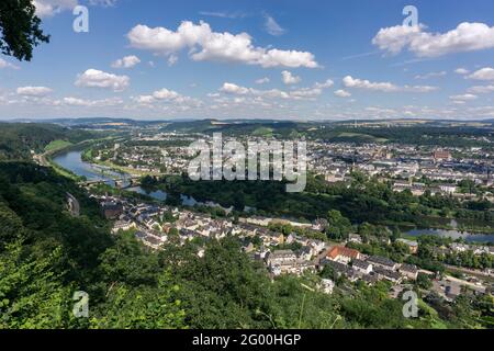 Aerial view of Trier on beautiful summer day with blue sky and clouds from viewpoint Marian column, Germany Stock Photo