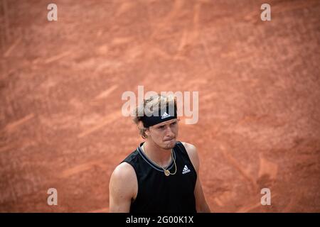 Paris, France. 30th May, 2021. Alexander Zverev of Germany reacts during the men's singles first round match against Oscar Otte of Germany at the French Open tennis tournament at Roland Garros in Paris, France, May 30, 2021. Credit: Aurelien Morissard/Xinhua/Alamy Live News Stock Photo