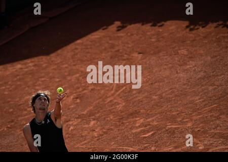 Paris, France. 30th May, 2021. Alexander Zverev of Germany serves during the men's singles first round match against Oscar Otte of Germany at the French Open tennis tournament at Roland Garros in Paris, France, May 30, 2021. Credit: Aurelien Morissard/Xinhua/Alamy Live News Stock Photo