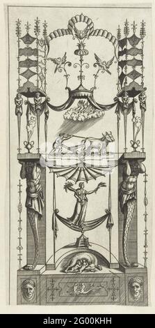 Architecture fantasy with round romulus and remus; Leviores et ut videtur Extemporaneeae Picturae Quas Grotteweschas Vulgo Vocant (...). Flat decoration: open architecture fantasy with two hermen carrying the top tree of the building. Between them in, under a canopy, a woman with a cornucopia and ears of corn, standing on a drapery. To her feet Romulus and Remus, fed by the Wolvin. Above the personification of 'terra' (or fertility?) A plowing farmer under a canopy. From series of 20 sheets. Stock Photo