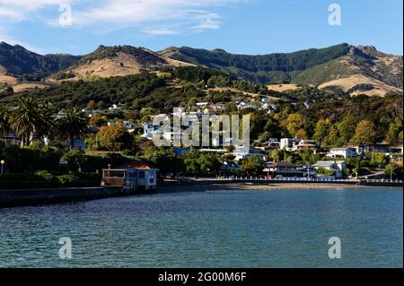 The town of Akaroa in Banks Peninsula, South Island, New Zealand Stock Photo