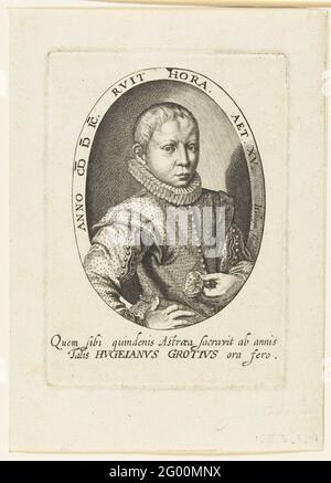 Portrait of Hugo de Groot at the age of 15. Bust of Hugo de Groot as 15-year-old young man, more or less seen on the right, in oval. The Wonderkind Hugo de Groot had already had a university study in 1599 (date of prints): during his stay in France in 1598 he had been promoted in the rights. King Henry IV gave him a medallion on this occasion, which he keeps here in the left hand. To the show a line Latin text, under the representation two lines of Latin text. Stock Photo