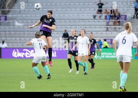 Orlando, United States. 31st May, 2021. Taylor Kornieck (22 Orlando Pride) goes up for a header during the National Women's Soccer League game between Orlando Pride and Kansas City at Exploria Stadium Orlando, Florida. Credit: SPP Sport Press Photo. /Alamy Live News Stock Photo