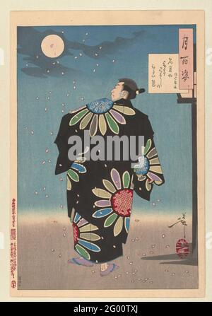 Fukami Jikyu in moonlight; One hundred aspects of the moon; Tsuki hyakushi. Fukami Jikyu in black kimono with pattern of large chrysanthemums, walking between neerwurning blossom leaves, at full moon. Stock Photo