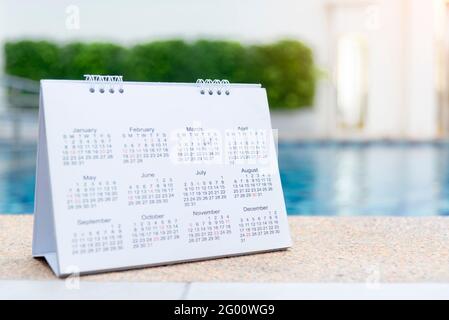 2019 Calendar Close up calendar setting timetable for organize schedule. Time management concept. Calendar timetable with timeline planning on swimmin Stock Photo
