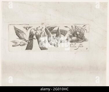 Eight birds; Frisians with birds. Birds, ducks and three peacocks, a bat, butterfly and a marten. Stock Photo
