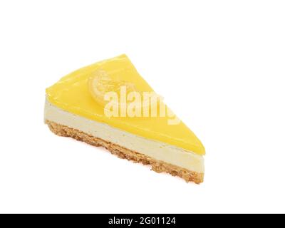 Lemon cheesecake, a close up of homemade sliced cheese cake bakery isolated on white background. Stock Photo